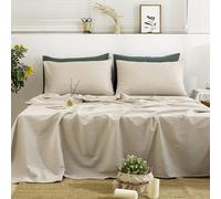 TUMEI 4 Pieces 100% Stonewashed French Linen Bedding Sheets Set, 16" Deep Pocket, 1 Fitted Sheet & 1 Flat Sheet & 2 Pillowcases, Solid Color, Soft & Comfortable (Natural Color, Super King Size)