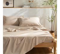 TUMEI 4 Pieces Stonewashed French Cotton Linen Blend Bedding Sheets Set, 16" Deep Pocket, 1 Fitted Sheet & 1 Flat Sheet & 2 Pillowcases, Solid Color, Soft & Comfortable (Natural Color, Double Size)