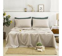 TUMEI Linen Sheets Queen Size, 100% Washed French Linen Sheets Set, 4Pcs Queen Bedding Sheets Set with Durable Deep Pocket Fitted Sheet & Flat Sheet & 2 Pillowcases, Natural Linen Queen
