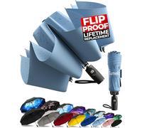 TUMELLA Flip-proof Inverted Travel Umbrella, Small Strong but Light Portable and Automatic Reverse Folding Rain Umbrella, Durable Premium Grip, Fits Car & Backpack, M. Light Blue, 46 inches