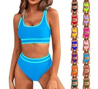 Tummy Control Bikini Set My Orders, Color Block U Neck Women's Two Piece Bathing Suits Striped Print Plus Size Swimming Costume High Waist Swimsuits for Older Ladies Holiday Essentials Sales Blue