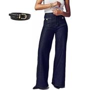 Tummy Control Sailor Wide Leg Trouser, Oprah's Favorite Jeans, High Waisted Straight Leg Jeans with Pocket (Dark Blue Petite,M)