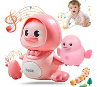 Tummy Time Duck Family Toy, Swinging Ducks Tummy Time Toys, Walking Duck Baby Toy with Music, Light up Crawling Toys for 6-12 Months Toddlers Learning to Walk (1*Large+3*Small, Battery-Yellow)