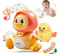 Tummy Time Duck Family Toy, Swinging Ducks Tummy Time Toys, Walking Duck Baby Toy with Music, Light up Crawling Toys for 6-12 Months Toddlers Learning to Walk (1*Large+3*Small, Battery-Yellow)
