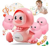 Tummy Time Duck Family Toy, Swinging Ducks Tummy Time Toys, Walking Duck Baby Toy with Music, Light up Crawling Toys for 6-12 Months Toddlers Learning to Walk (1*Large+3*Small, Battery-Yellow)