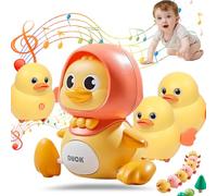Tummy Time Duck Family Toy, Swinging Ducks Tummy Time Toys, Walking Duck Baby Toy with Music, Light up Crawling Toys for 6-12 Months Toddlers Learning to Walk (1*Large+3*Small, Battery-Yellow)
