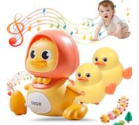 Tummy Time Duck Family Toy, Swinging Ducks Tummy Time Toys, Walking Duck Baby Toy with Music, Light up Crawling Toys for 6-12 Months Toddlers Learning to Walk (1*Large+3*Small, Battery-Yellow)