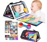Tummy Time Mirror Newborn and Toddler Toys 0 3 6 12 Months Black and White Brain Development with Crinkle Cloth Book, Rattle and Teethers High Contrast Montessori Sensory For Baby Boys and Girls