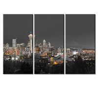 TUMOVO 3 Piece Seattle Downtown Skyline and Mt. Rainier at Night Washington Black and White Wall Art Nighttime Lightscape Pictures Wall Decor for Bedroom Framed Ready to Hang (42" Wx28 H)