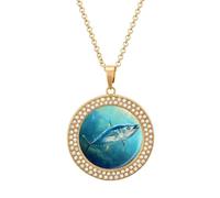 Tuna Fish in The Ocean Funny Necklace With Printed Pendant Novelty Diamond Jewelry for Women Men Silver/Gold