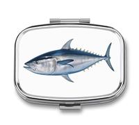 Tuna Thunnus Pill Box 2 Compartment, Portable Pill Case with Mirror for Pocket Purse Travel, Mini Metal Medicine Organizer for Vitamins Fish Oil