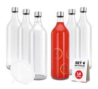 Tundra - Pack of 6 Glass Bottles for Filling 1 Litre with 6 Lids and 1 Funnel | Elvia Line | Water Bottles Made in Germany, Transparent, Shatterproof and Dishwasher Safe Glass Drinking Bottle