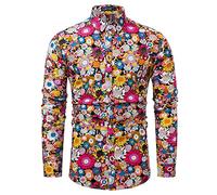 TUNEVUSE Men Floral Dress Shirts Long Sleeve Casual Button Down Flower Printed Shirts 100% Cotton, Black, XXL