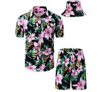 TUNEVUSE Mens Hawaiian Shirts and Shorts Set 2 Pieces Beach Outfits Bird Print Summer Tropical Suit with Bucket Hats Pink 4X-Large