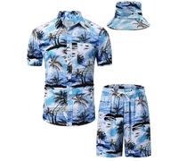 TUNEVUSE Mens Hawaiian Shirts and Shorts Set 2 Pieces Beach Outfits Tiger Print Summer Tropical Suit with Bucket Hats Light Blue 3X-Large