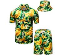 TUNEVUSE Mens Hawaiian Shirts and Shorts Set 2 Pieces Tropical Outfits Banana Printed Button Down Beach Shirt Suit with Bucket Hats Yellow Small