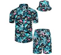 TUNEVUSE Mens Hawaiian Shirts and Shorts Set 2 Pieces Tropical Outfits Bird Printed Button Down Beach Shirt Suit with Bucket Hats Black XX-Large