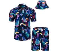 TUNEVUSE Mens Hawaiian Shirts and Shorts Set 2 Pieces Tropical Outfits Bird Printed Button Down Beach Shirt Suit with Bucket Hats Navy 4X-Large