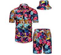 TUNEVUSE Mens Hawaiian Shirts and Shorts Set 2 Pieces Tropical Outfits Flower Leopard Printed Button Down Beach Shirt Suit with Bucket Hats Red 4X-Large