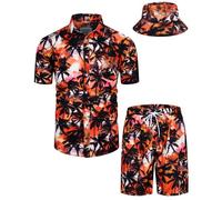 TUNEVUSE Mens Hawaiian Shirts and Shorts Set 2 Pieces Tropical Outfits Printed Button Down Beach Shirt Suit with Bucket Hats Orange X-Large