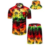 TUNEVUSE Mens Hawaiian Shirts and Shorts Set 2 Pieces Tropical Outfits Printed Button Down Beach Shirt Suit with Bucket Hats Orange 5X-Large