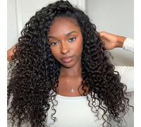 Tunfine 18 Inch Curly Half Wig Human Hair Water Wave 200 Density 3 In 1 Seamless Flip Over Half Wigs Glueless Human Hair with Drawstring Invisible Hairline Headband Clip In Curly Wigs for Women