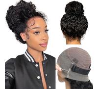 tunfine Hidden Strap 360 Glueless Lace Front Wigs Human Hair Pre Plucked 200 Density Water Wave 360 HD Full Lace Human Hair Wigs with Invisible Drawstring for Black Women 24 Inches