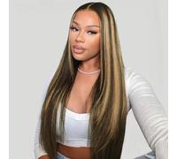 Tunfine Highlight Ombre Human Hair Straight Wig for Women 13x4 Transparent Lace Front Wig with Pre-Plucked Hairline 2/27 Highlight Colored Frontal Real Human Hair Glueless Wigs 28Inch