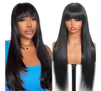 Tunfine Straight Human Hair Wigs With Fringe For Black Women Real Wear And Go Glueless Wig Human Hair 4x6 Lace Front Wigs Brazilian Glueless Black Real Hair Wigs With Bangs 22 Inch