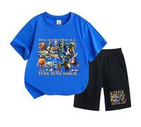 Tung Tung Tung Tung sahur Boy's Summer Tracksuit, Boy's Two-Piece Set with Short Sleeves and Shorts,Dark Blue,160cm