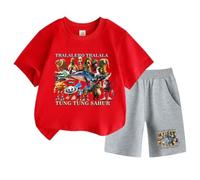 Tung Tung Tung Tung sahur Boy's Summer Tracksuit, Boy's Two-Piece Set with Short Sleeves and Shorts,Red,160cm