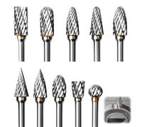 Tungsten Carbide Rotary Burrs Set 10pcs 1/8” Shank Double Cut Rotary Burrs Die Grinder Bits for Metal and Wood Working Grinding Drilling Carving Engraving Polishing Compatible with Dremel Rotary Tool