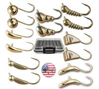 Tungsten Ice Fishing Jigs - Lucky 14 Pack Gold 4-6mm Free Tackle Box Case Included 1-2gm #8-10 Hook Lure Bait Walleye Crappie Panfish Trout