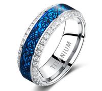 TUNGSTORY 8mm Men's Wedding Bands Titanium Rings for Men Silver Celtic Dragon Ring Blue Carbon Fiber and Cubic Zirconia Inlay Promise Ring for Him Comfort Fit Size T1/2