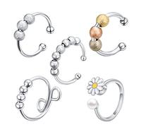 TUNGSTORY Anxiety Spinner Rings 5Pcs Open Adjustable Daisy Ring Stress Reliever Finger Rings Bead Ring Rotatable Anti Anxiety Thumb Fidget Ring for Men Women