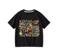 Tungtungsahur Boys Summer New T-Shirt, Italian Brain AI Animal Kids Short Sleeve Crew Neck Top,Black,140cm