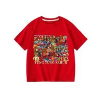 Tungtungsahur Boys Summer New T-Shirt, Italian Brain AI Animal Kids Short Sleeve Crew Neck Top,Red,130cm