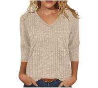 Tunic Tops for Women Lightweight Jumper Ladies V Neck Sweaters Elegant 3/4 Sleeve Ladies Knitted Top Plain Casual Blouses Ribbed Thin Pullover T Shirts Womens Tops Office Work Shirts Khaki