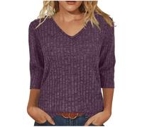 Tunic Tops for Women Lightweight Jumper Ladies V Neck Sweaters Elegant 3/4 Sleeve Ladies Knitted Top Plain Casual Blouses Ribbed Thin Pullover T Shirts Womens Tops Office Work Shirts Purple