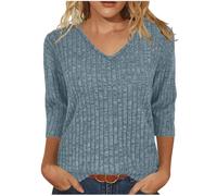 Tunic Tops for Women Lightweight Jumper Ladies V Neck Sweaters Elegant 3/4 Sleeve Ladies Knitted Top Plain Casual Blouses Ribbed Thin Pullover T Shirts Womens Tops Office Work Shirts