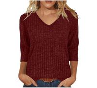 Tunic Tops for Women Lightweight Jumper Ladies V Neck Sweaters Elegant 3/4 Sleeve Ladies Knitted Top Plain Casual Blouses Ribbed Thin Pullover T Shirts Womens Tops Office Work Shirts Red