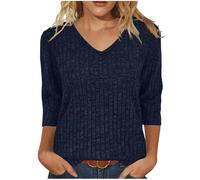 Tunic Tops for Women Lightweight Jumper Ladies V Neck Sweaters Elegant 3/4 Sleeve Ladies Knitted Top Plain Casual Blouses Ribbed Thin Pullover T Shirts Womens Tops Office Work Shirts Blue