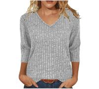 Tunic Tops for Women Lightweight Jumper Ladies V Neck Sweaters Elegant 3/4 Sleeve Ladies Knitted Top Plain Casual Blouses Ribbed Thin Pullover T Shirts Womens Tops Office Work Shirts Gray