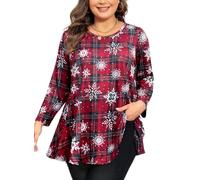 Tunic Tops for Women Plus Size 3/4 Sleeve Crew Neck Swing Flare Loose T-Shirt Blouses to Wear with Leggings, Christmas Tunics Red Plaid, XXXL