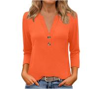 Tunic Tops for Women UK 3/4 Sleeve Tops Casual V Neck Button Shirts Loose Solid Basic T Shirts Work Blouses Elegant Ladies Cotton Top T-Shirts Basic Pullover Top Trendy Loose Fit Tees Orange