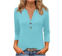 Tunic Tops for Women UK 3/4 Sleeve Tops Casual V Neck Button Shirts Loose Solid Basic T Shirts Work Blouses Elegant Ladies Cotton Top T-Shirts Basic Pullover Top Trendy Loose Fit Tees Light Blue