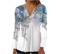 Tunic Tops for Women UK Clearance Casual Cotton Tops V Neck Pleated Buttons Pullover Shirts Ladies Henley Shirt Long Sleeve T-Shirt Floral Printed Blouse Lightweight Slim Fit Tops