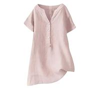 Tunic Tops for Women UK Clearance Plus Size Casual V Neck Shirts Cotton Linen Tops Loose Short Sleeve Plain Top Long Length Summer Irregular T Shirt Button Tee Ladies Lagenlook Longline Blouse