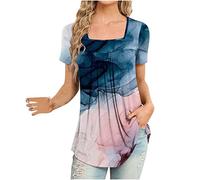 Tunic Tops for Women UK Sale Clearance,Ladies Tops Square Neck Vintage Floral T Shirt Loose Fit Flower Print Shirts Short Sleeve Graphic Longline Summer Tee Tops Long Length Blouse for Leggings Navy