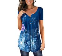 Tunic Tops for Women UK Sale Clearance Pleated Short Sleeve T Shirts Ladies Summer Casual Loose V Neck T-Shirt Tees Blouses Button Down Shirts Floral Printed Longline Shirts Tunics UK Size 8-16